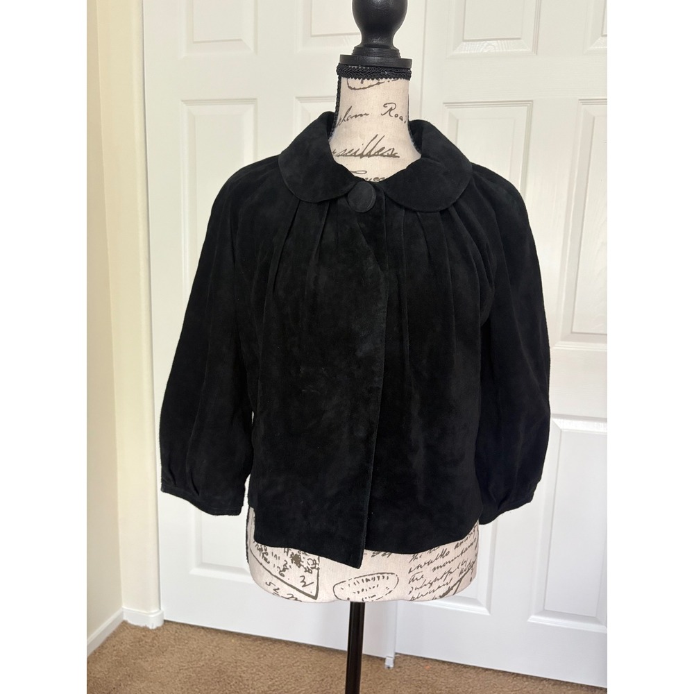 LAL Live A Little Black Suede Leather Jacket Peter Pan Collar Cropped Swing S